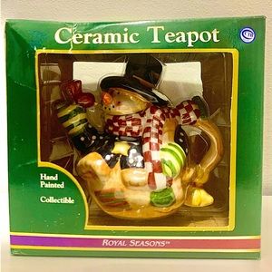 Vintage SNOWMAN Royal Seasons Teapot Red&White Checkered Scarf Red RobinBird